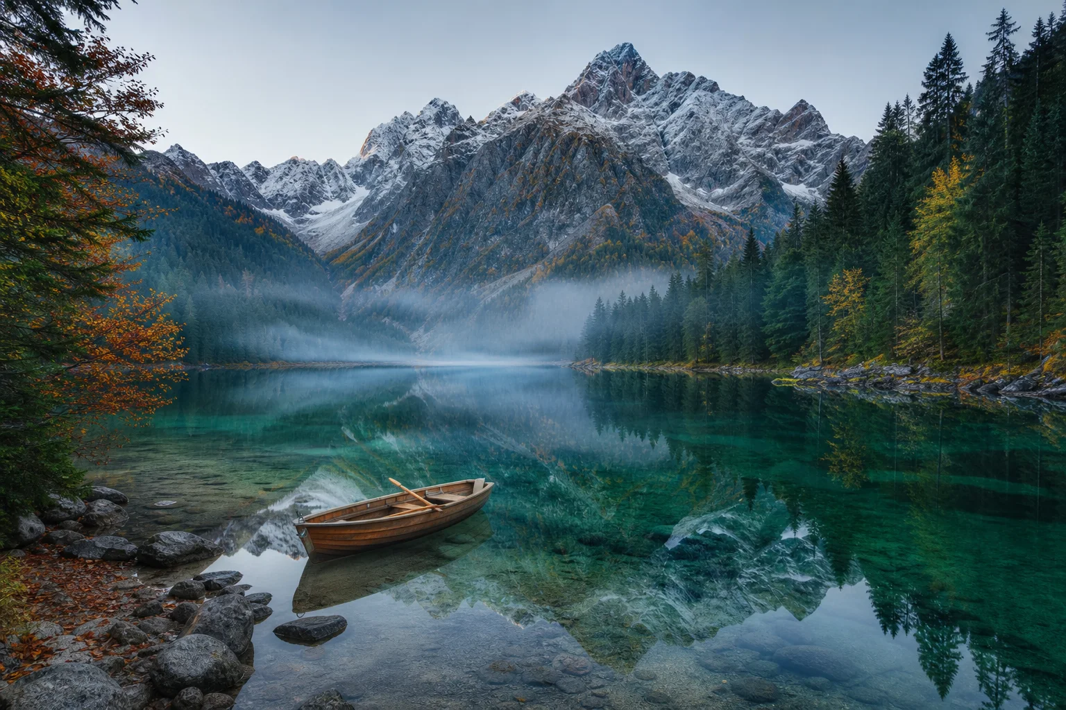 Clear alpine lake surrounded by dramatic green mountains