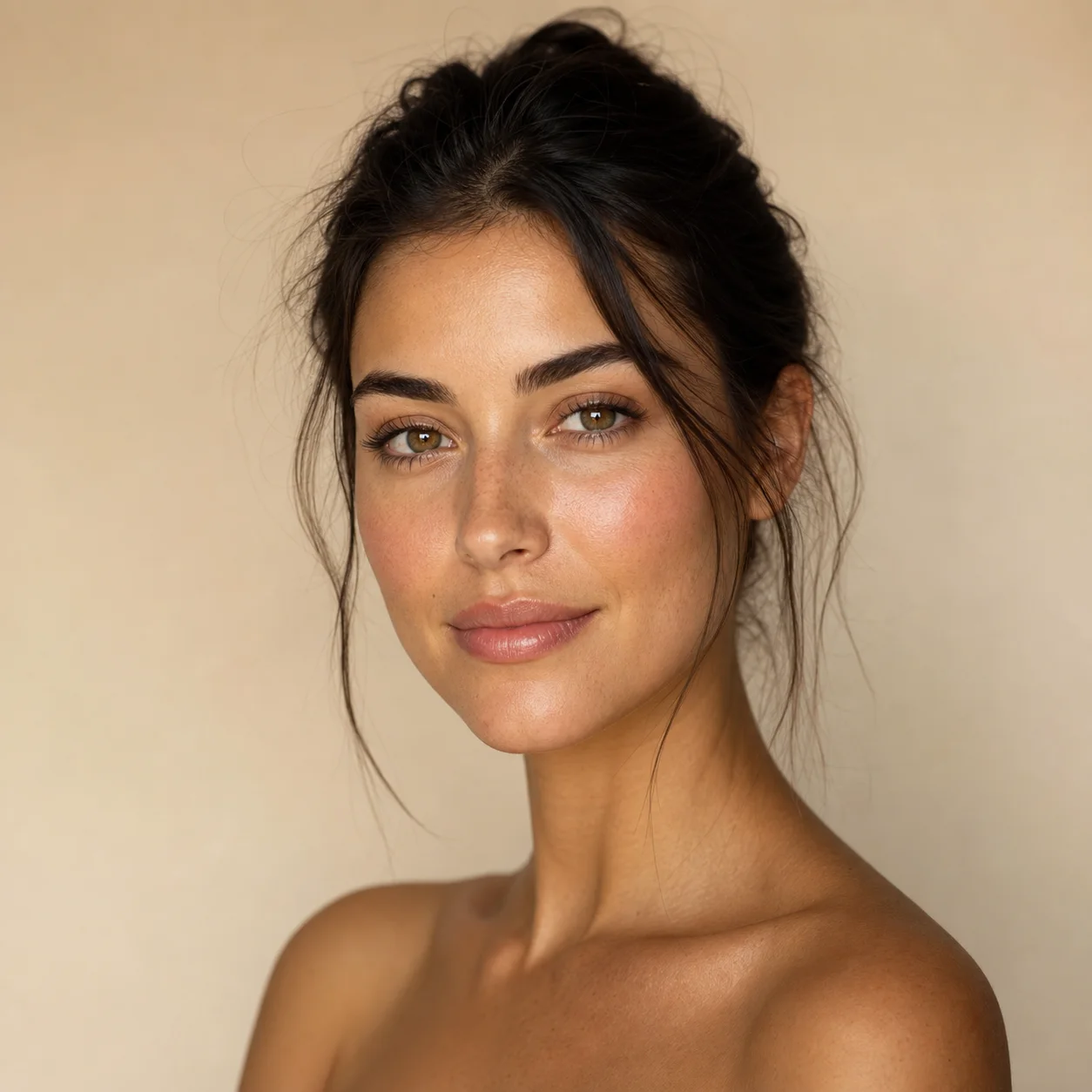 Close editorial beauty portrait with luminous natural skin