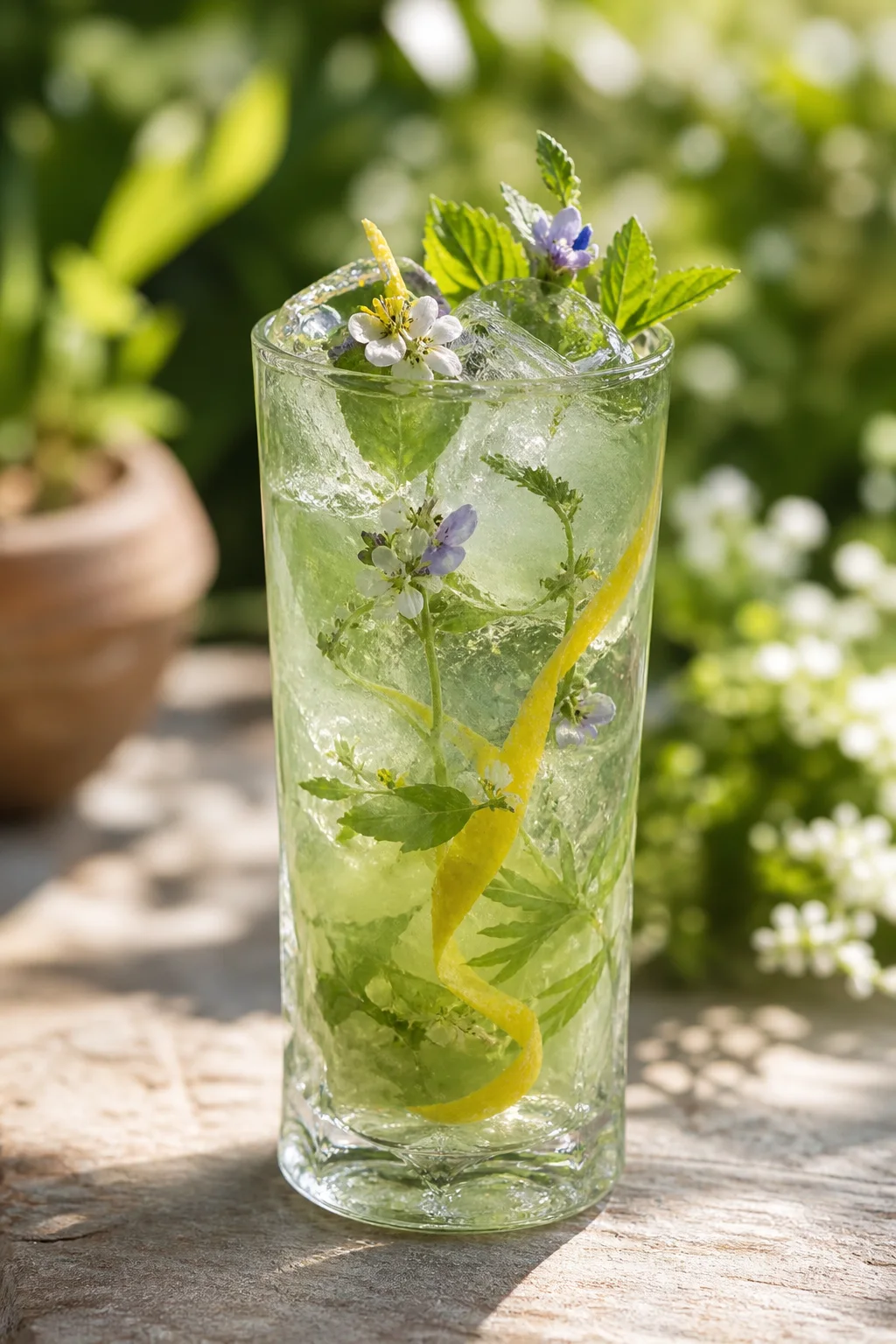 Tall botanical drink styled with fresh herbs in soft daylight