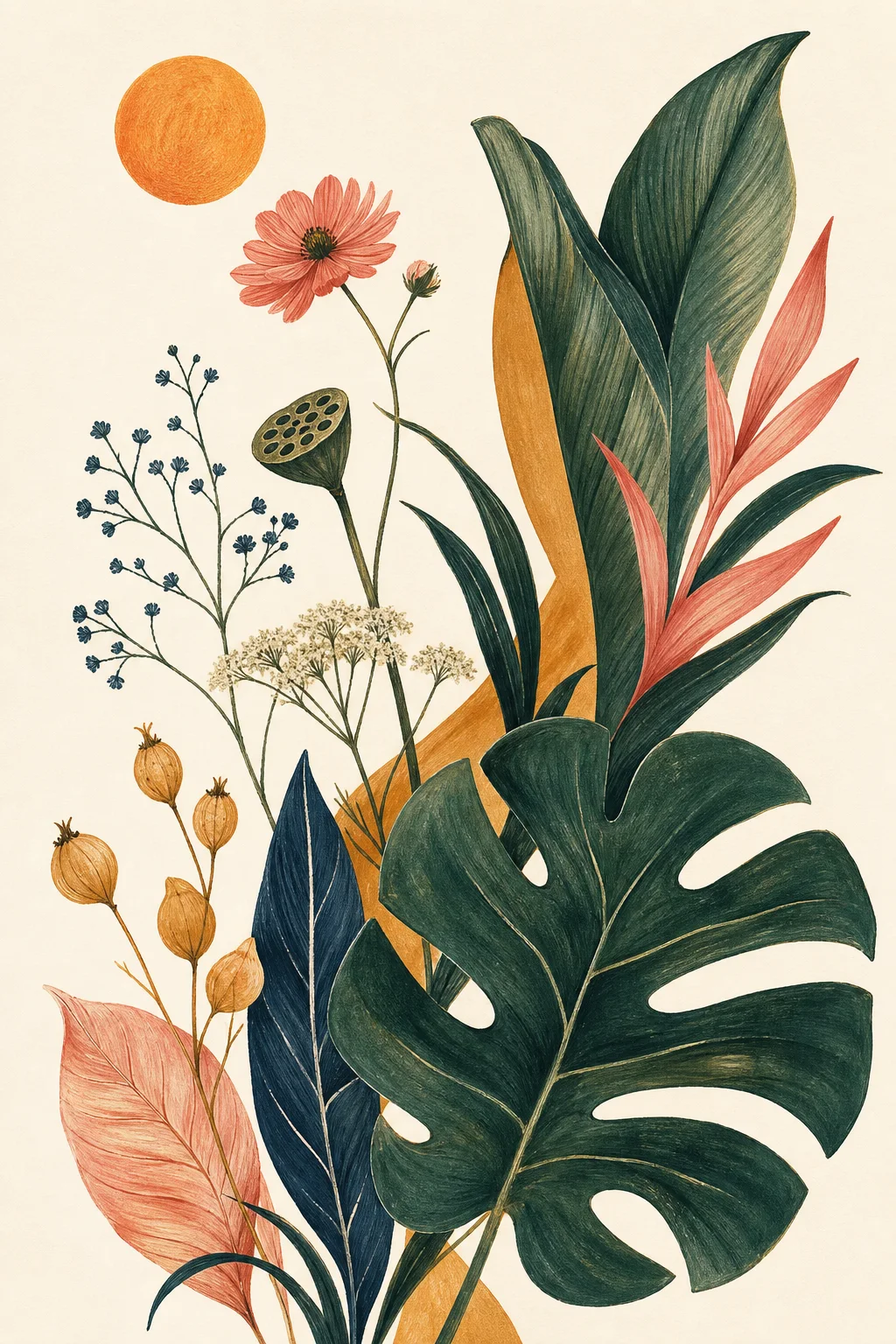 Layered botanical editorial illustration with cut-paper textures