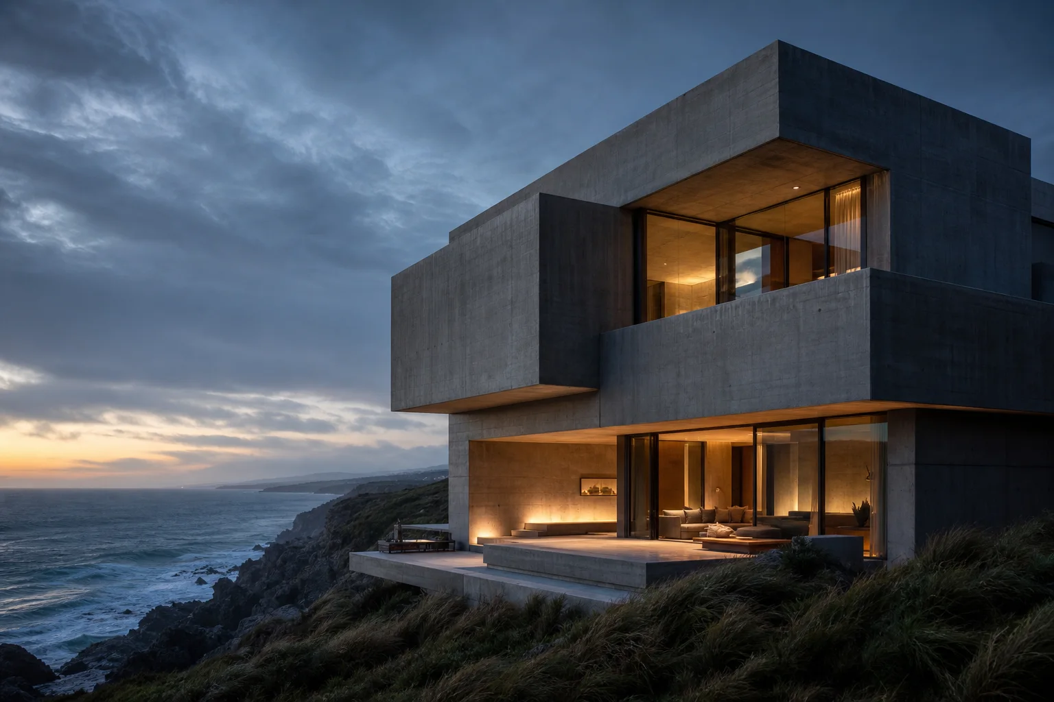Brutalist concrete retreat overlooking a windswept coastline