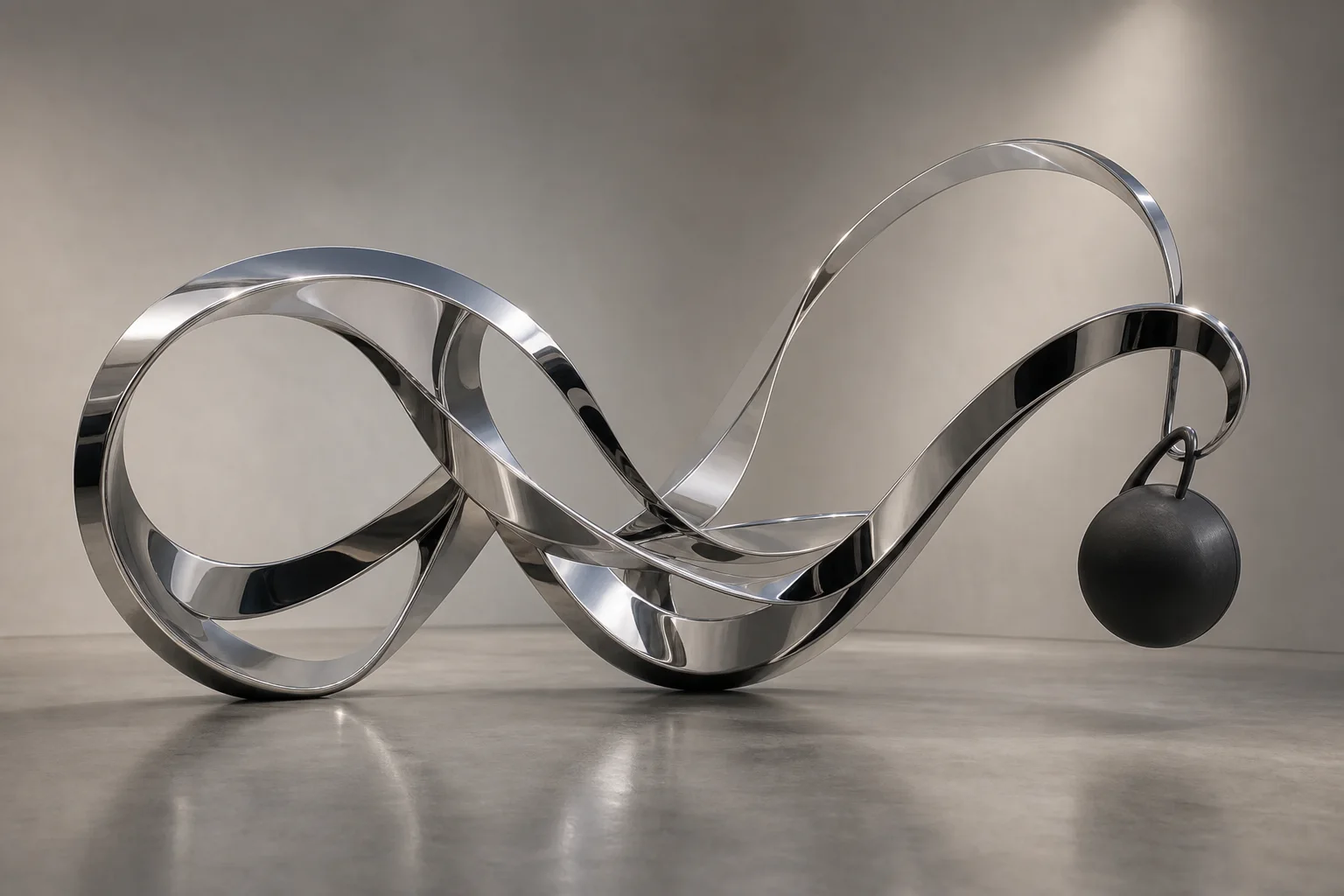 Reflective chrome abstract sculpture in a minimal studio