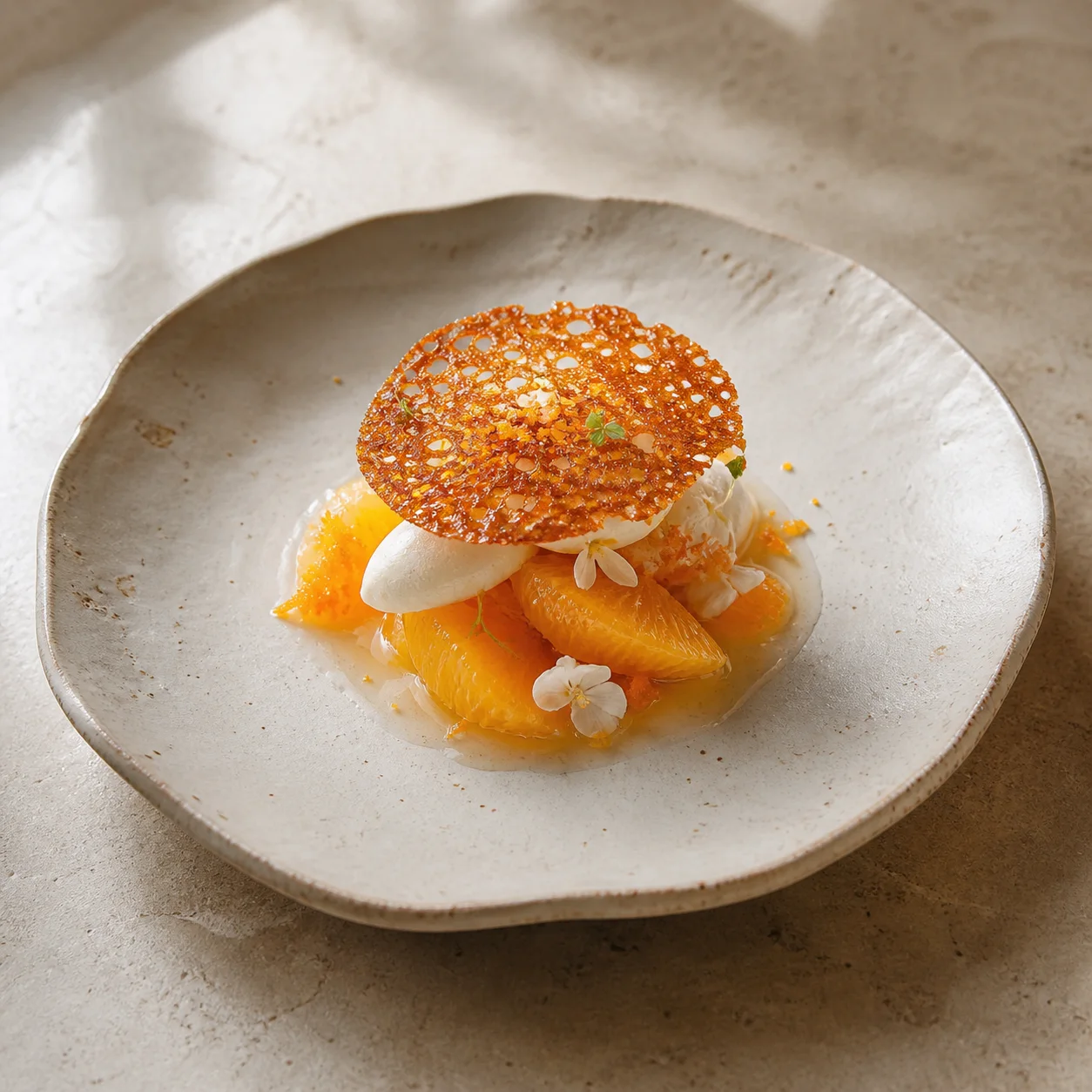 Refined citrus dessert presented as a bright editorial still life