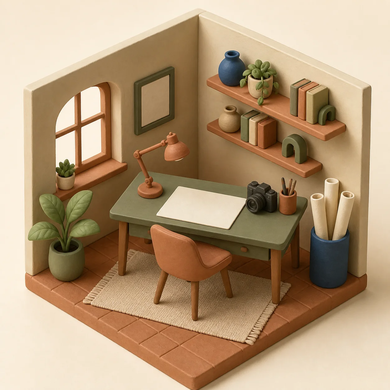 Playful clay-style 3D objects arranged in a warm studio scene