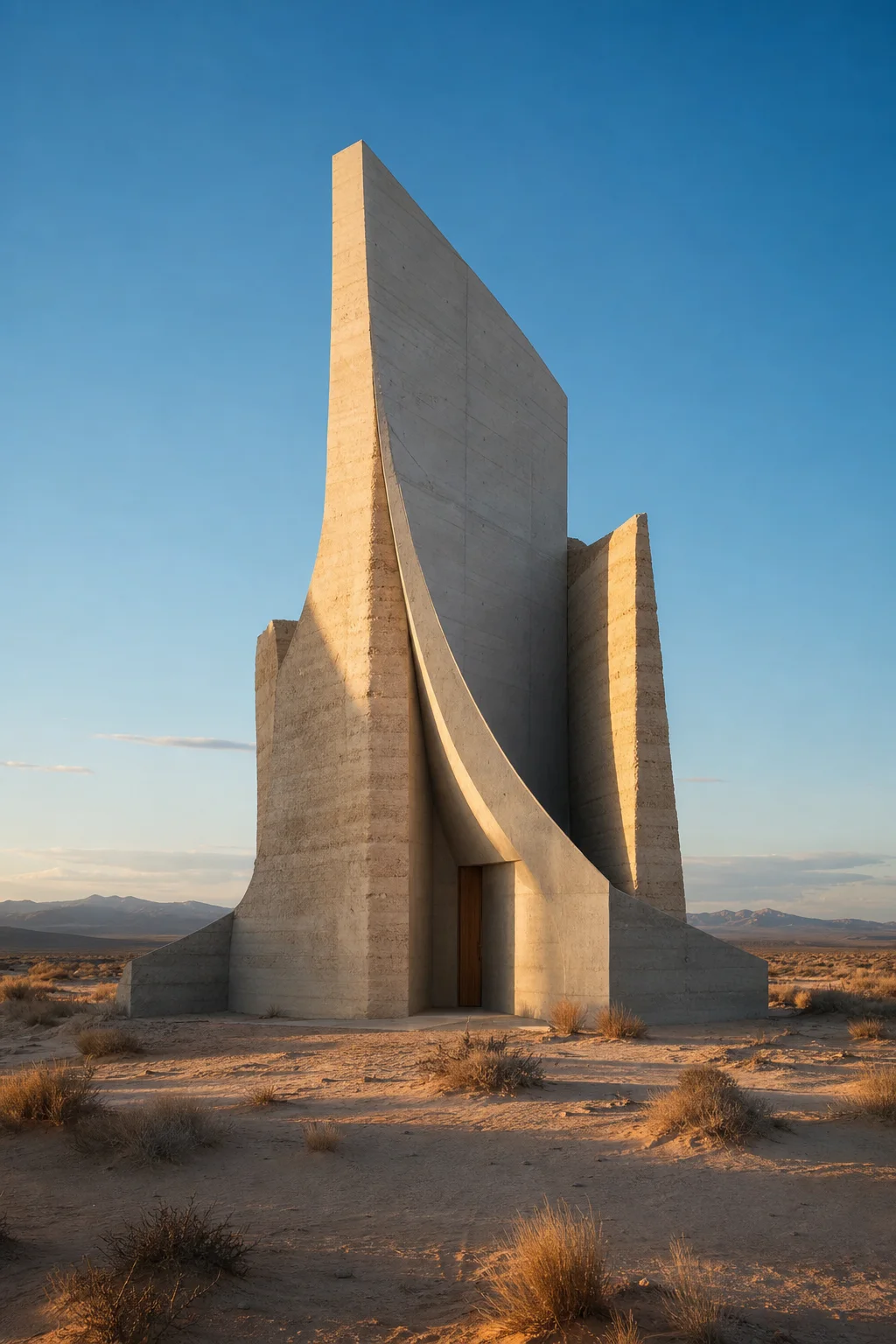 Sculptural pavilion rising from a quiet desert landscape