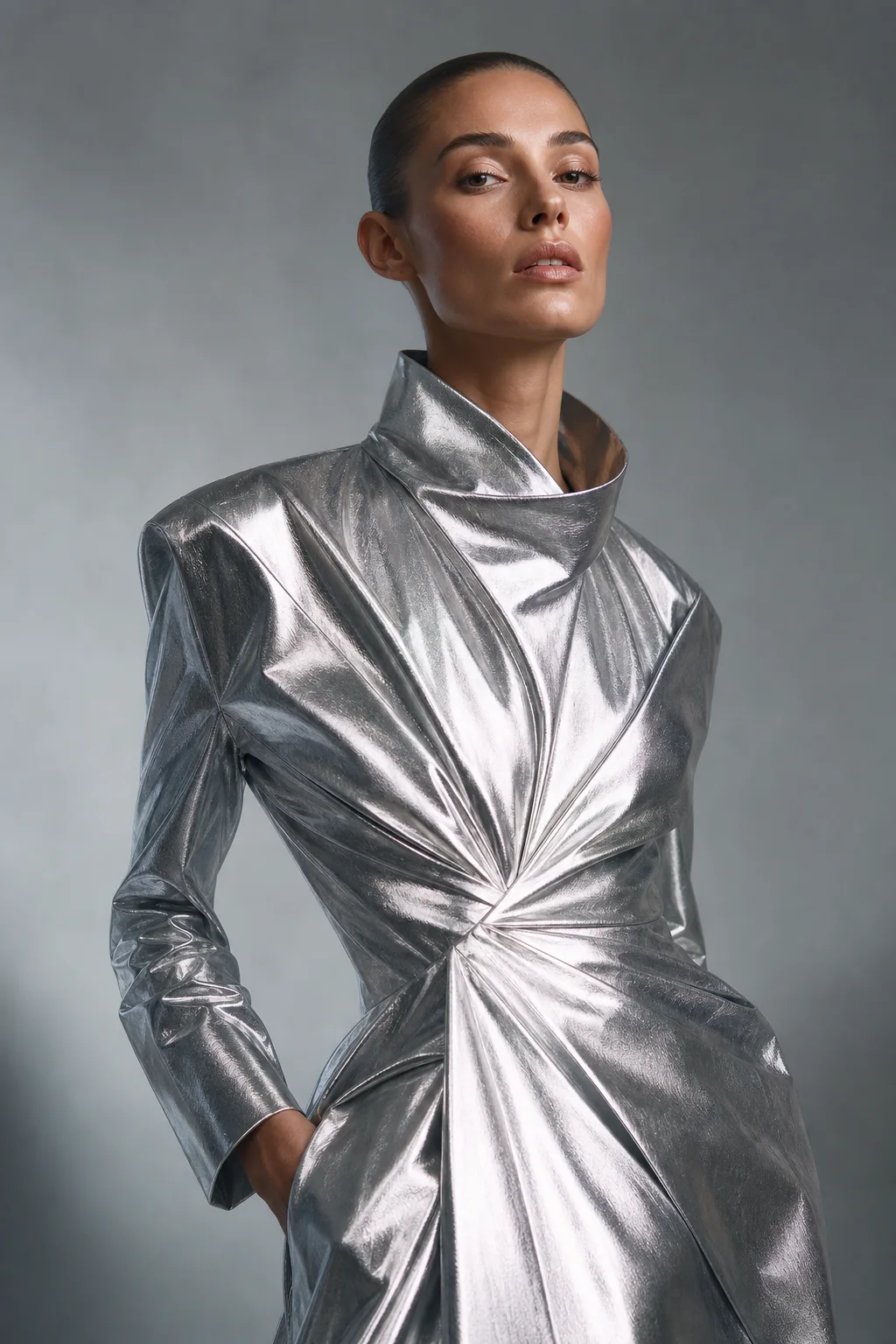 Fully dressed fashion model in a reflective architectural setting