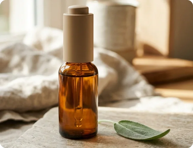 Amber skincare bottle arranged in soft natural morning light