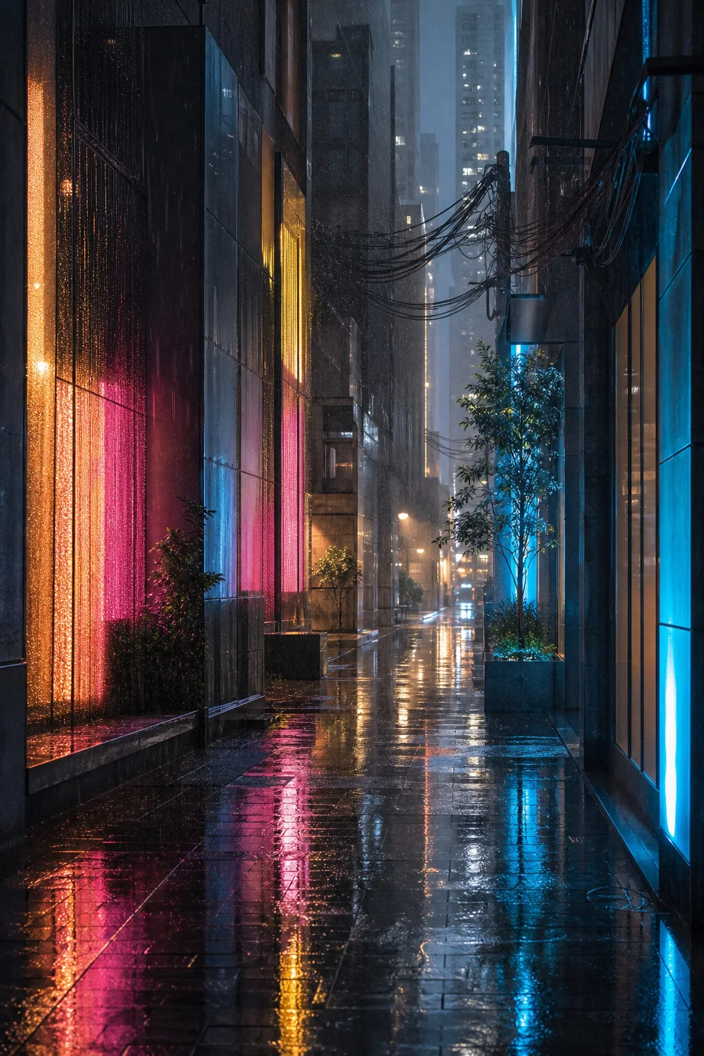 Atmospheric neon city street photographed after dark