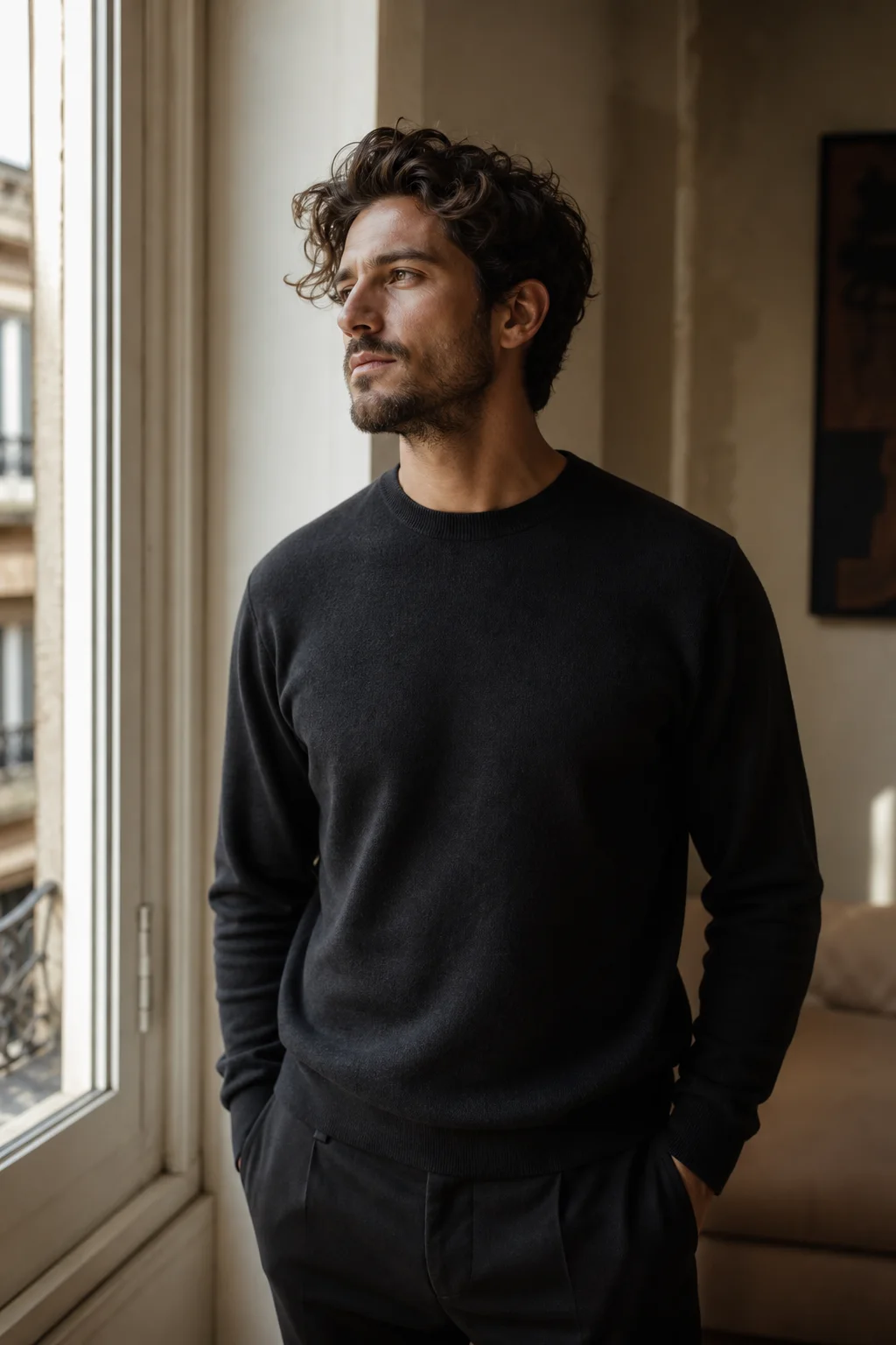 Quiet cinematic portrait shaped by soft window light