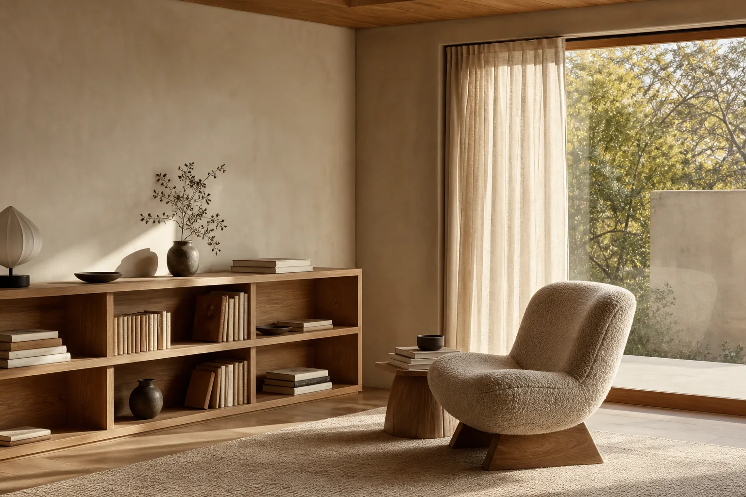 Warm modern reading room with expansive windows and natural materials