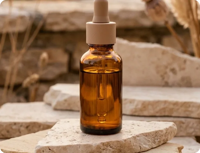 Vertical social campaign image of an amber serum bottle on stone