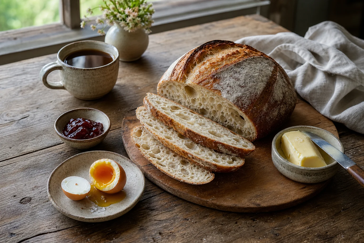 Rustic sourdough breakfast styled in gentle morning light