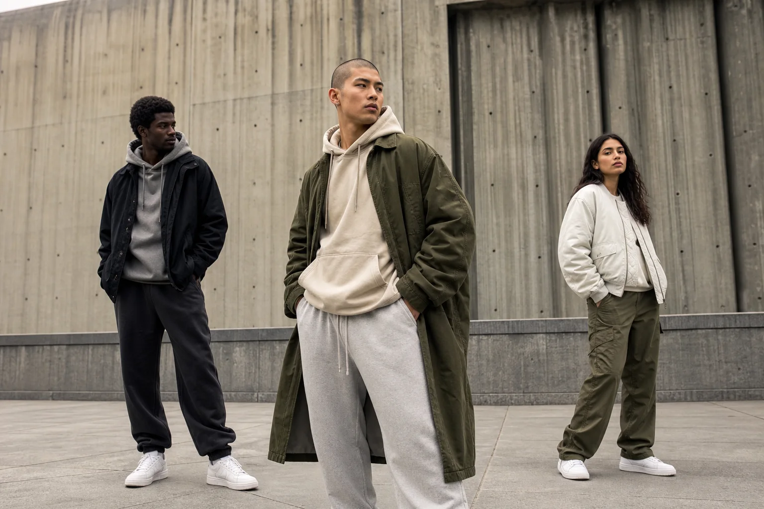 Fully dressed streetwear models in a cinematic urban campaign